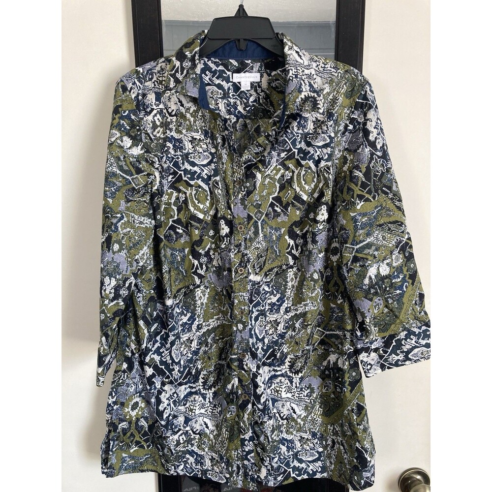 Charter Club Women’s Blouse Size 14 Olive & Black Collared, Button, Geometric